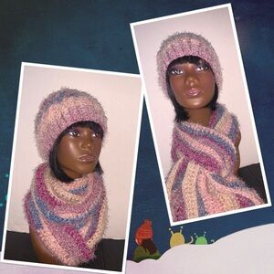 Crochet set hat and scarf cozy soft multi color